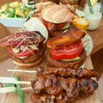 sate, burgers