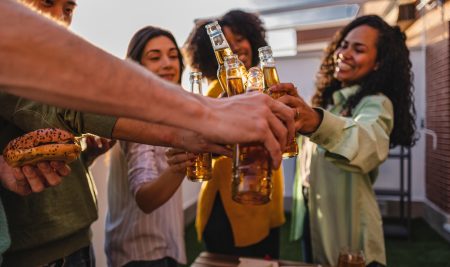 Multiracial,Friends,Toasting,Beer,Glasses,At,Brewery,Pub,Garden,-